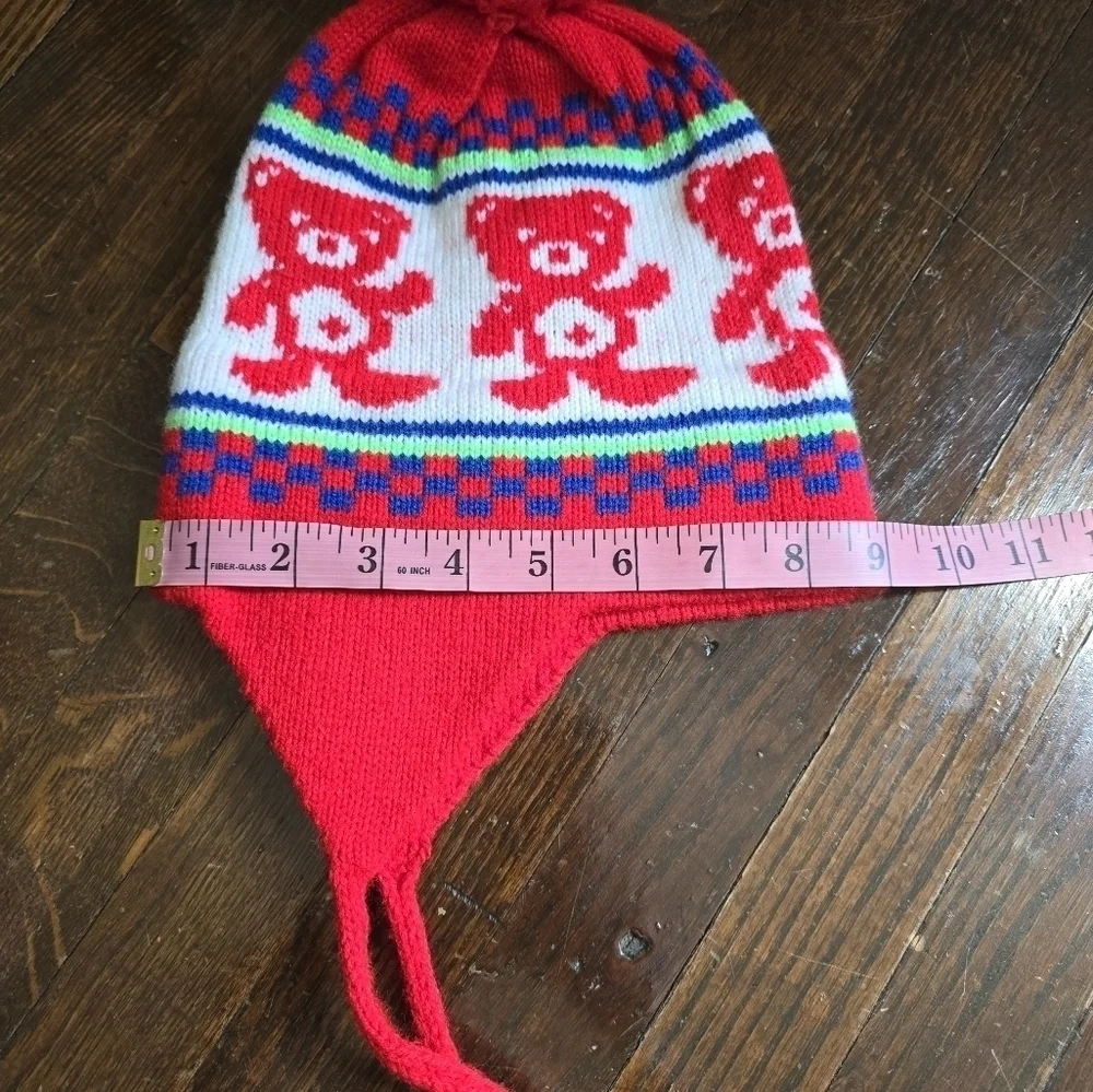 Vintage 80s West Hill Kids Red Knit Teddy Bear Pom Pom Ski Winter Hat